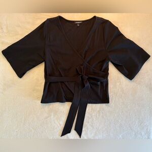 Express | M | Black V Neck Wrap Tie-Front Short Wide Sleeve Blouse